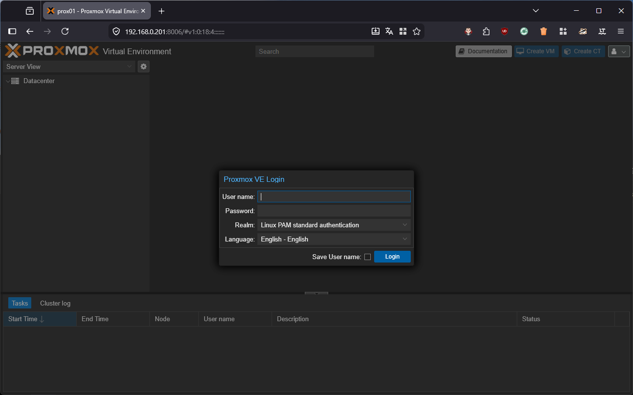 proxmox web interface after fresh installation